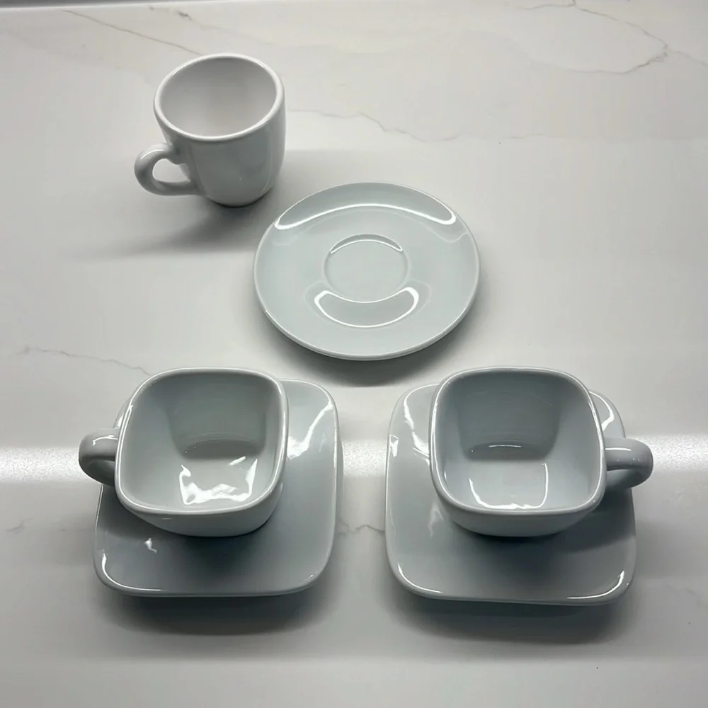 2 Crate & Barrel via Cordon Bleu Espresso Cups + Saucers & 1 round Portugal set